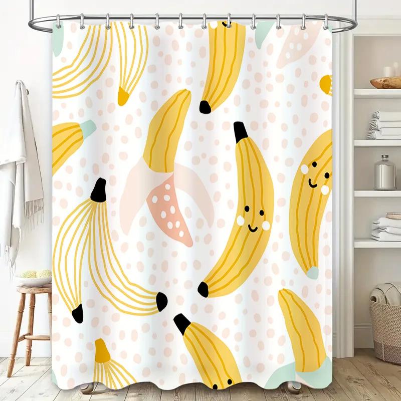 

Happy Bananas Shower Curtain Waterproof Fabric Bathroom Decor for Kids Room Yellow Cartoon Fruit Print Design W90xH180cm