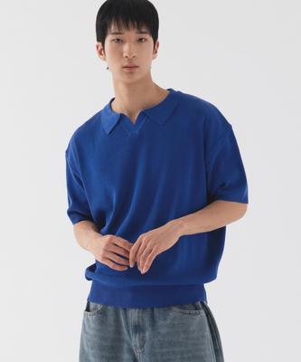 PIANER Classic Open Collar Short Sleeve Knit (Cobalt Blue)