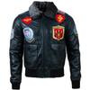 Men's Real Leather Aviator Pilot Bomber Jacket (2KVE) - Black with Silver Fur Collar