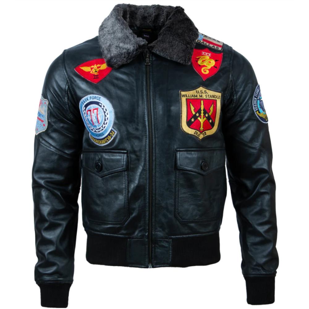 AVIATRIX Men's Real Leather Aviator Pilot Bomber Jacket (2KVE) - Black with Silver Fur Collar