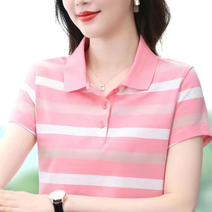 

YYFS Женская мода Повседневная Лето Весна Полосатый Принт Короткий рукав Воротник ПОЛО Блузки и Рубашки XXXXL