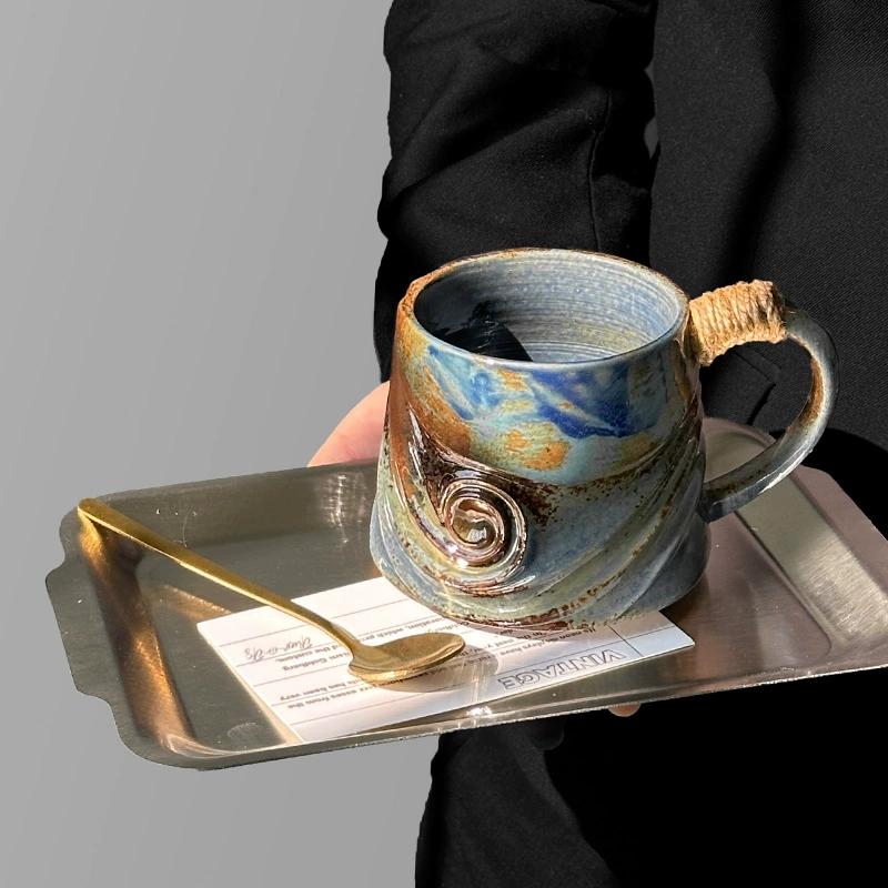 Coarse Ceramic Coffee Mugs, 320ml, Large Capacity, Wide Bottom, Transmutation Glaze Craft, Handmade Pottery Mug, Tea Cups with Hemp Rope Handle
