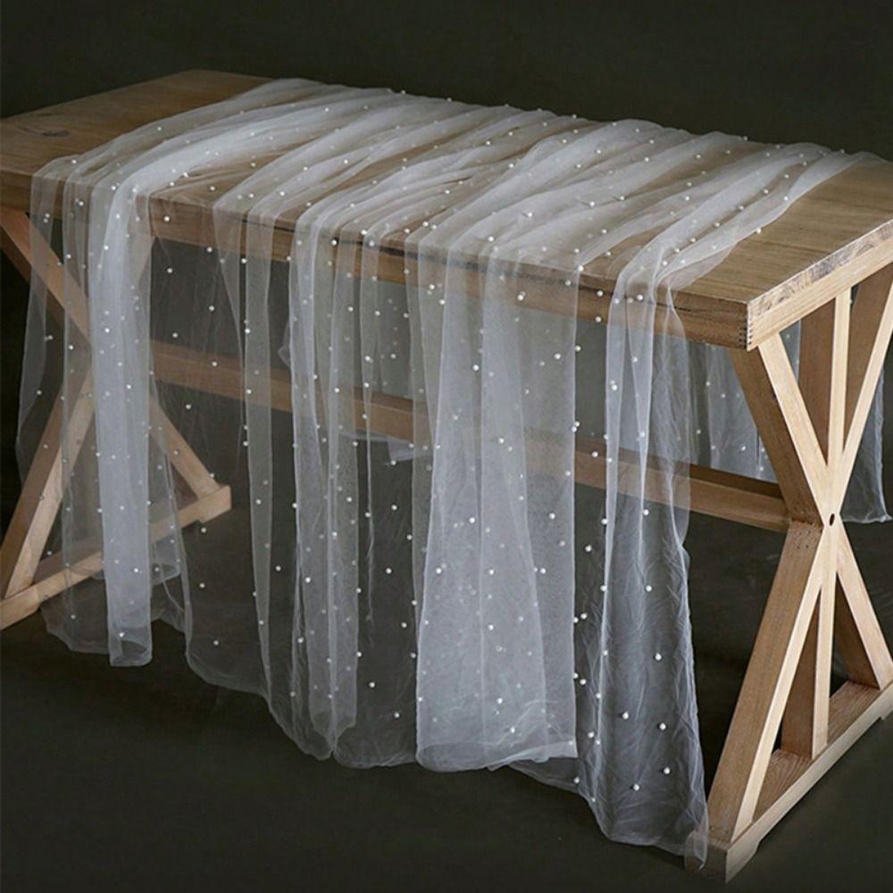 White Tulle Pearl Table Runner Sheer Table Cloth Table Decorations Bridal Veil  Birthday Party