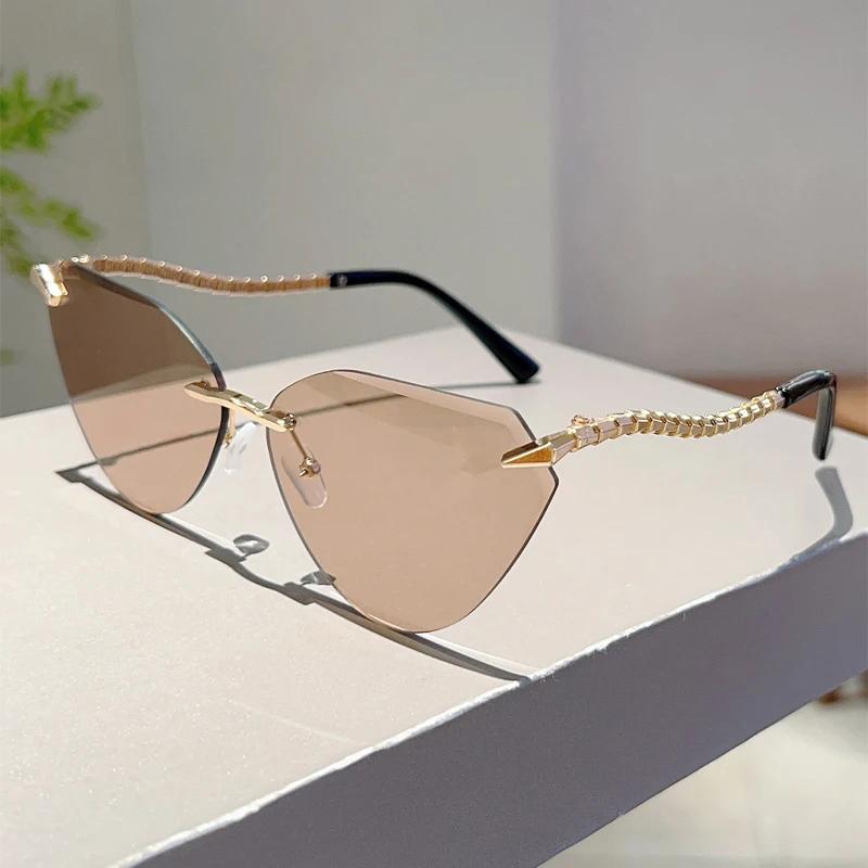 Rimless Cat Eye Sunglasses Women  New Stylish Vintage Gradient Casual Shades Trendy Luxury Brand Design Sun Glasses