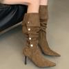 Fashion 2025 New Retro Women's Boots Matte Suede Middle Western Cowboy Boots High Barrel Coarse Heel Knight Boots