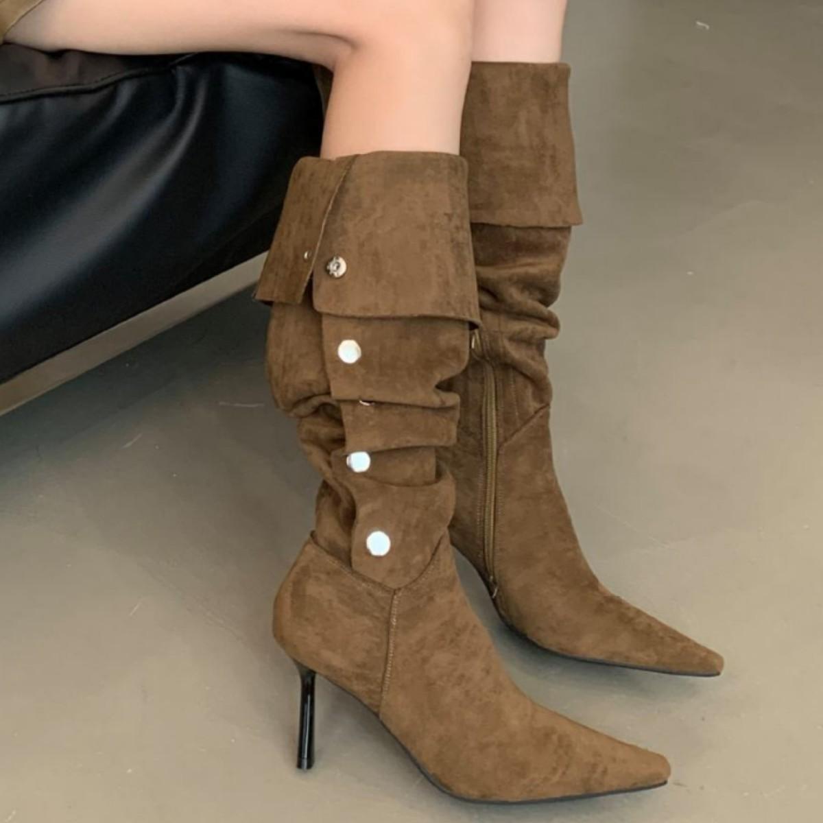 

2025 Новые Ретро Женские Сапоги Матовая Замша Средние Вестерн Ковбойские Сапоги Высокий Голенище Толстый Каблук Рыцарские Сапоги 40 коричневый