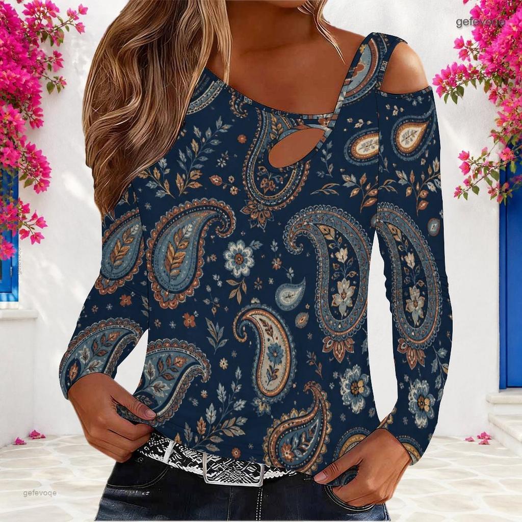 Women Plus Size Asymmetric Cutout Neck Cold Shoulder Long Sleeve Navy Geometric Printed Top