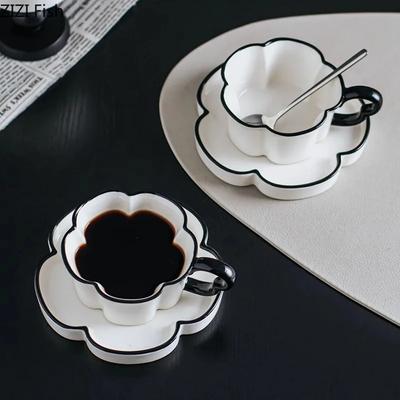 Black Edged Flower Shaped Mug Ceramic Cup&saucer Dining Table Coffee Cup Tea Mugs Afternoon Tea Teacup Fruit Juice Container