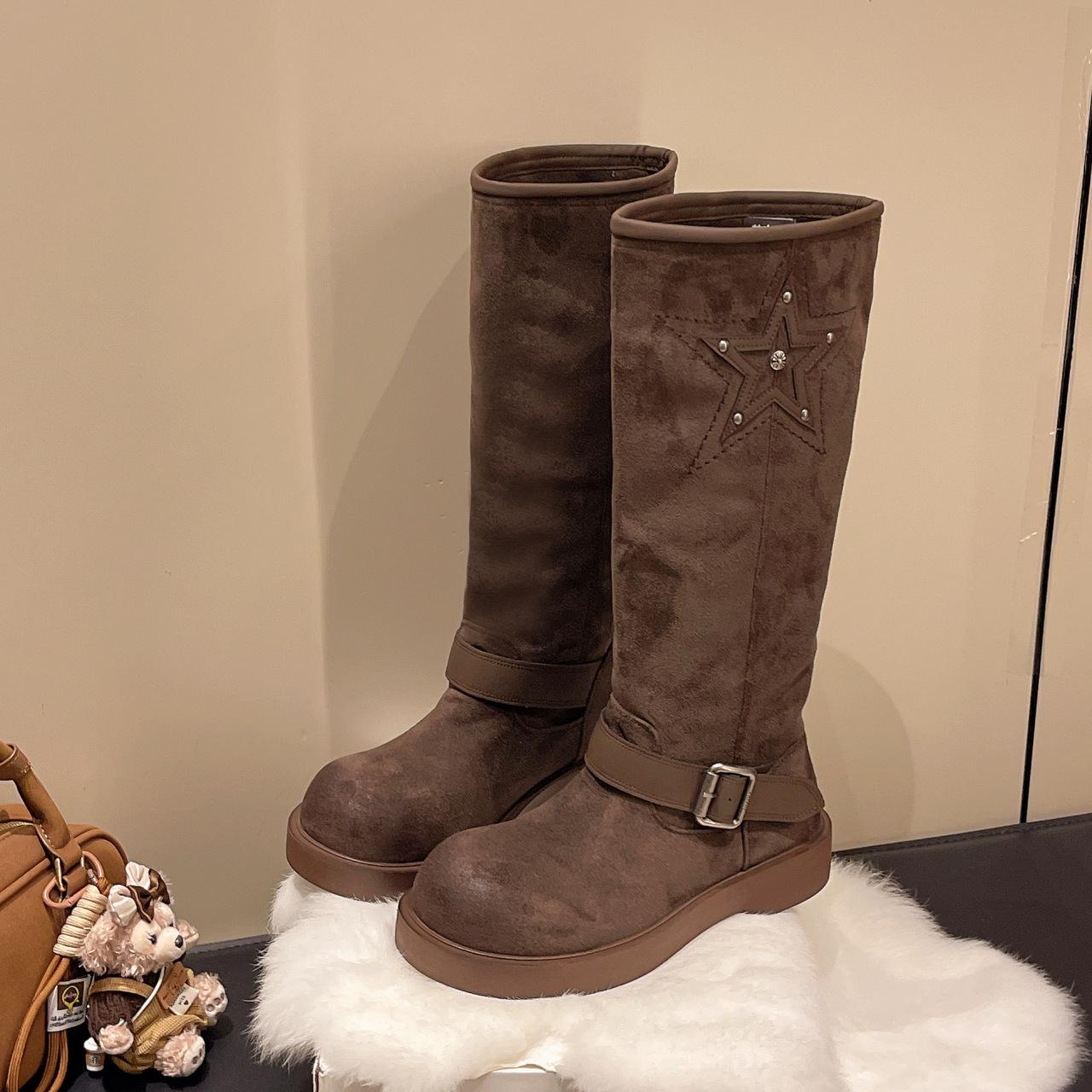 

[Fanfuna] 2025 autumn and winter new thick-bottomed matte retro wasteland wind belt buckle medium boots knight boots 40 темно-коричневого кольору