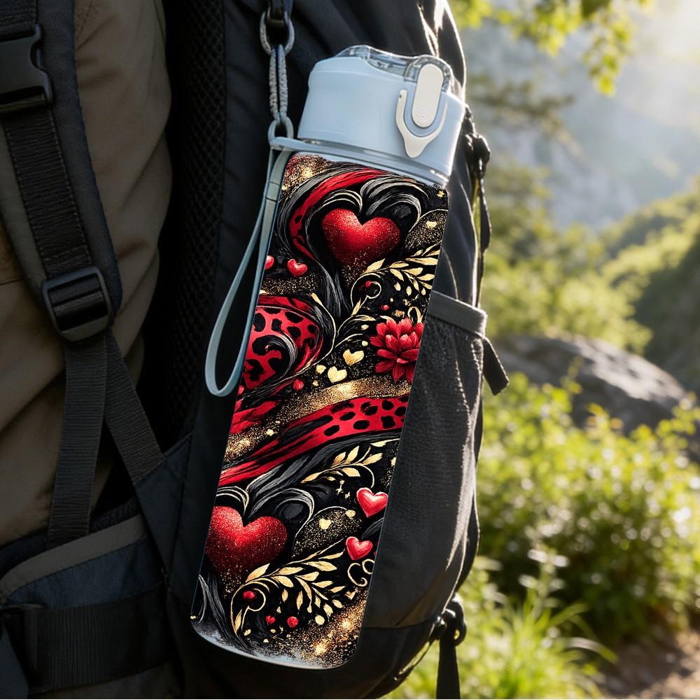 1PC Red Black Rose Dark Floral Art Print 750ml Color Plastic Sports Water Bottle Leakproof Flip Straw Lid Suitable for Sports Office Home Use
