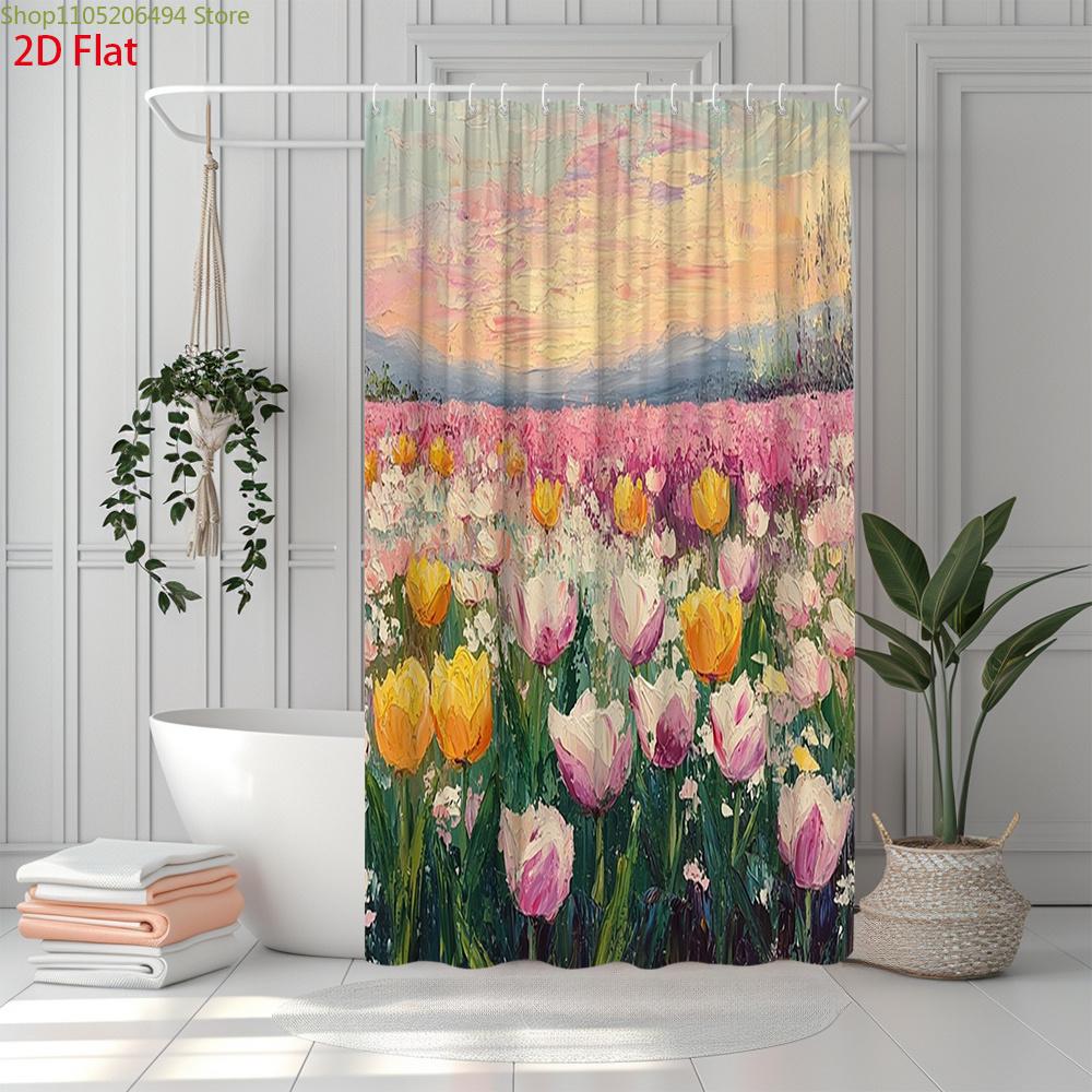 2D Flat, 2D Flat, 1pc 2D Flat Spring Tulip Shower Curtain | Colorful Floral Landscape Polyester Bathroom Decor with 12 Hooks,