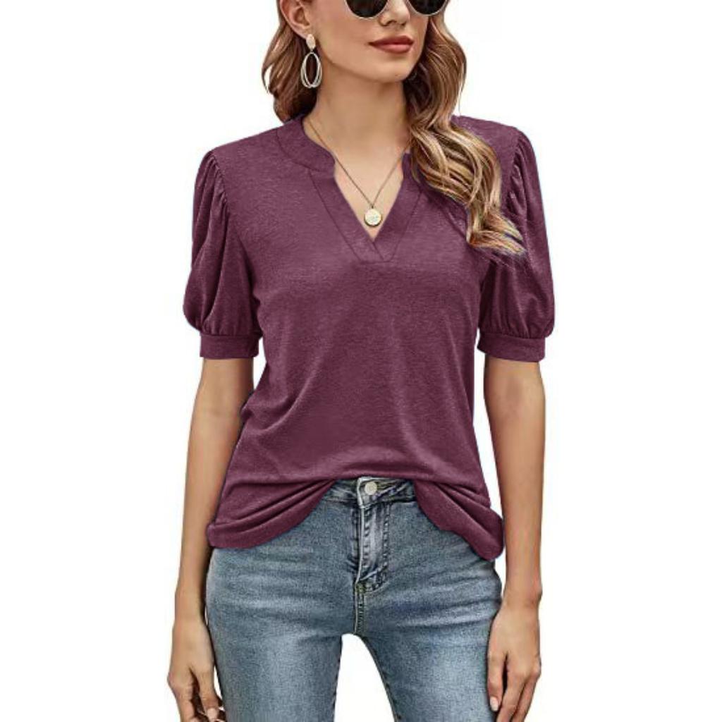 Summer Women's Casual V-Neck Solid Color Puff Sleeve Loose T-Shirt Top for Women European & American Crossborder Apparel