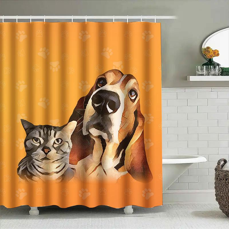 Artistic Pet Shower Curtain Dog Cat Print Bath Decor for Home Bathroom Orange Paw Pattern Waterproof Fabric Size 72x84 Inches (1
