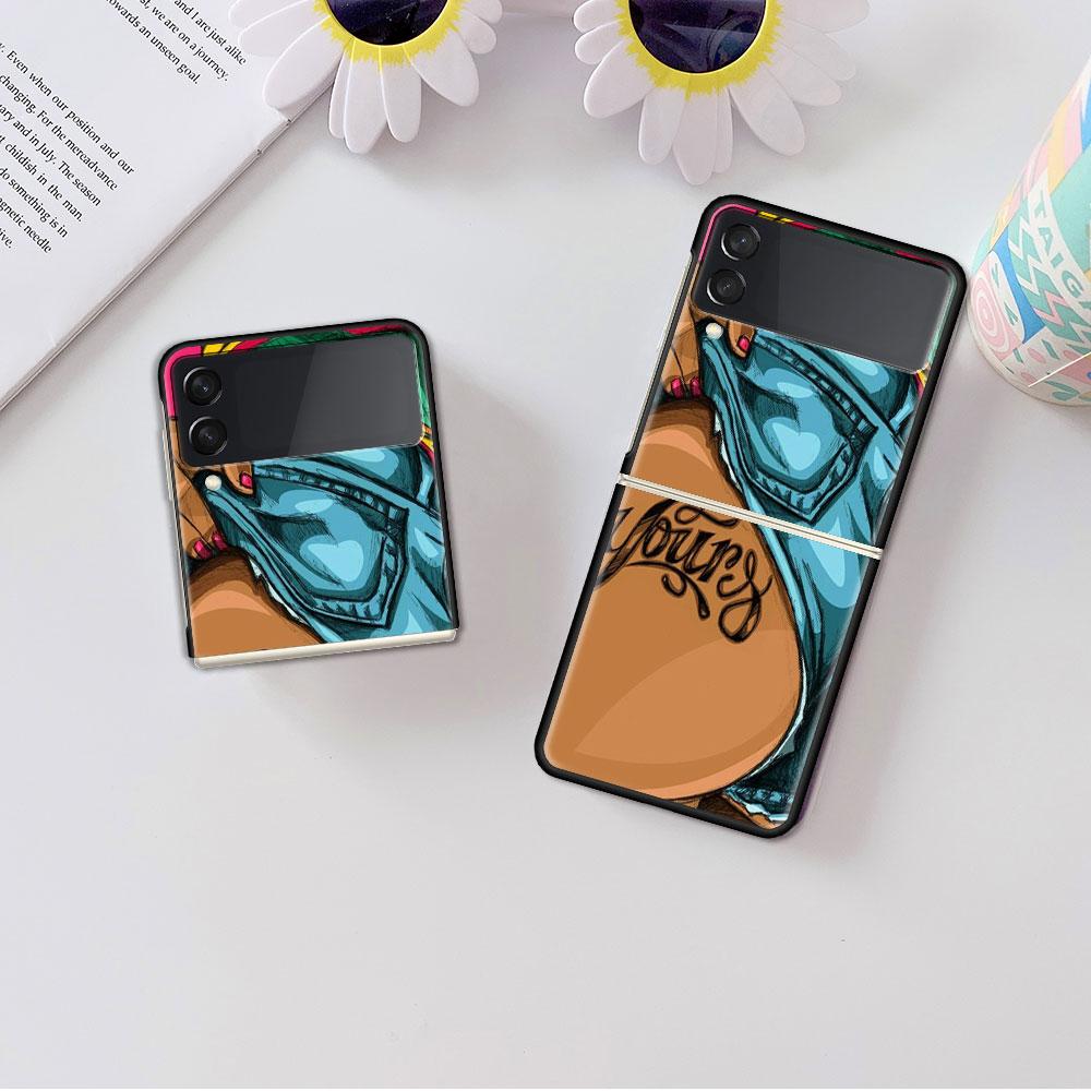 Luxury Case For Samsung Galaxy Z Flip 4 3 5G Black PC Hard Phone Cases Fashion Back Cover ZFlip Funda Sexy Tattoo Girl Shell Sac