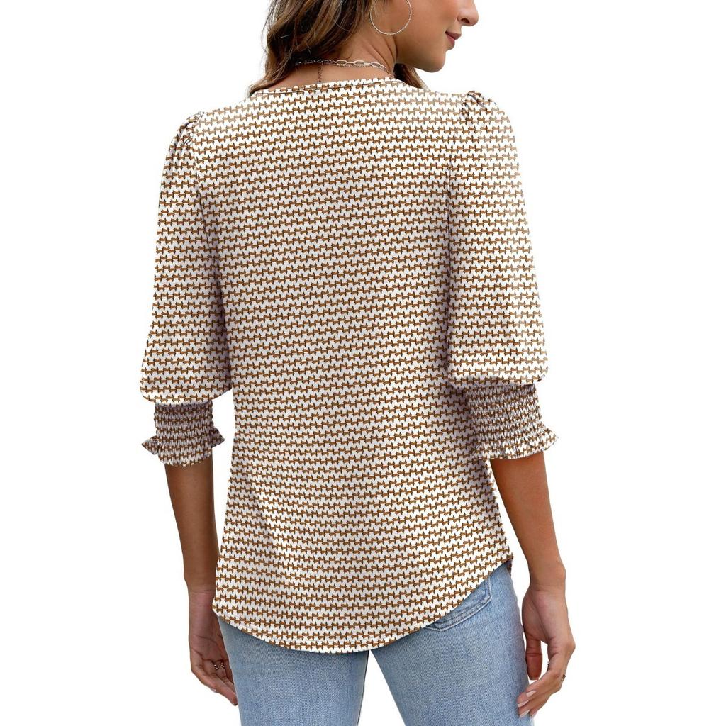 Women's Clothing, Spring, Loose, Casual, Printed, Seven Quarter Sleeves, Round Neck, T-shirt, Top