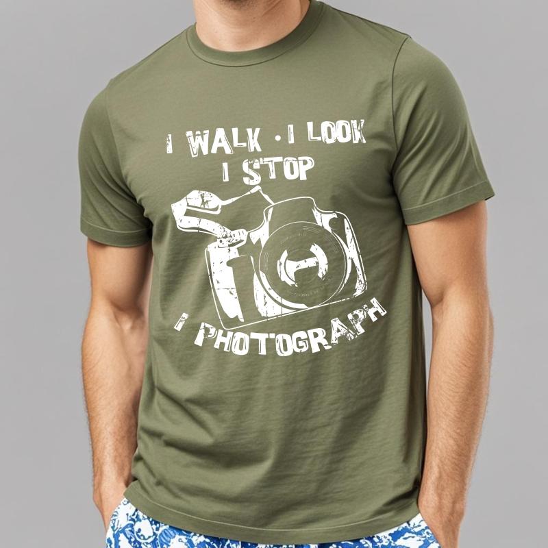 Men Cotton Tshirt Black Summer Boys tshirt I Walk I Look I Stop I Photograph Short Sleeve Relaxed Fit Crew Neck Tshirt