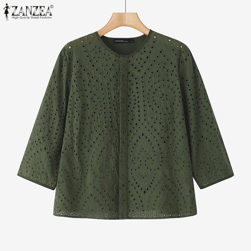 ZANZEA Dámská letní halenka s kulatým výstřihem, 3/4 rukávy, krajkovým háčkovaným patchworkem, volného střihu