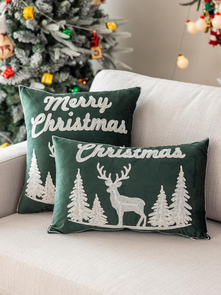 1 Piece 3D Embroidery Christmas Deer Red Green Velvet Pillowcase Non-Lightweight Seasonal Decorative Cushion Cover