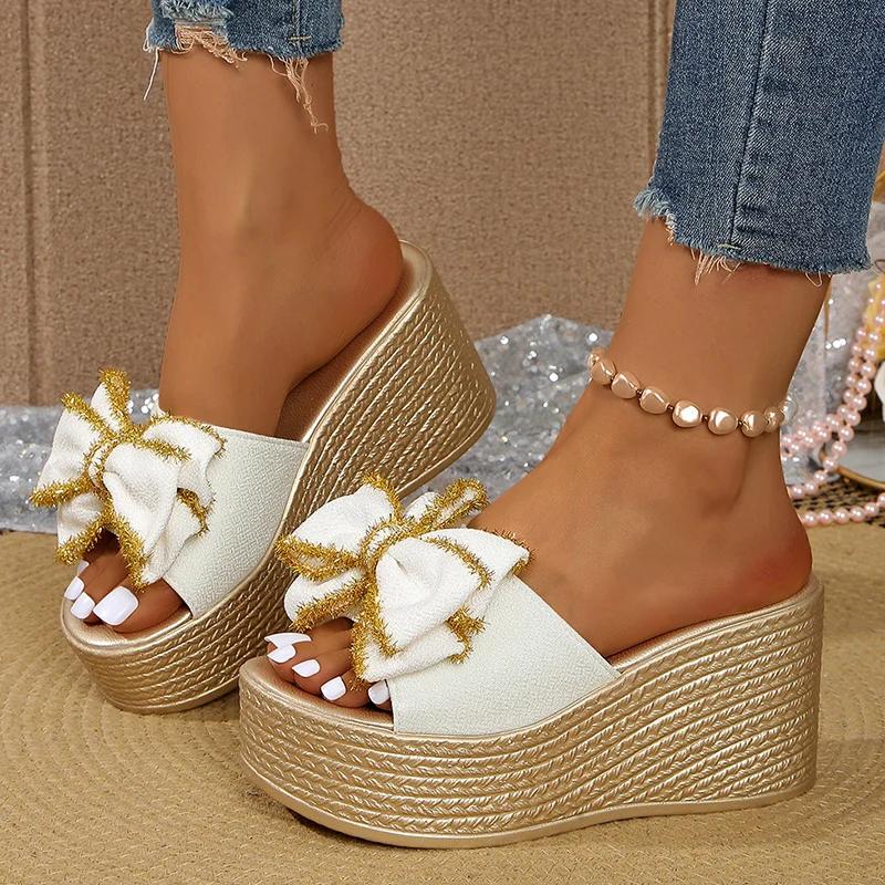 Fashion Bowknot Decor Chunky Platform Slippers Woman Plus Size Fashion Wedge Heel Sandals for Women Summer Thick Bottom Beach Slippers