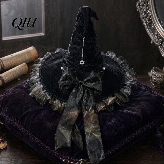 Pointed Witch Hat Halloween for Women, Velvet Wizard with Ruffle Costume Accessory Brim And Bow Party, Masquerade, Cosplay