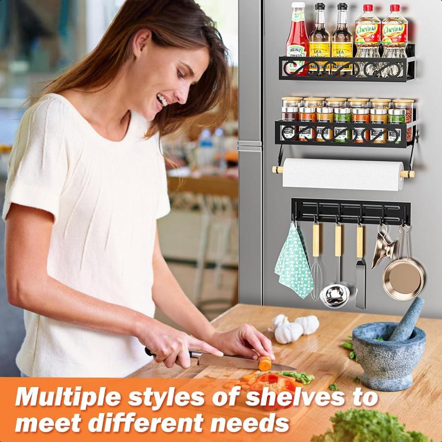 Spice Racks Magnetic for Refrigerator Magnetic Spice Shelves with Paper Holder Moveable 6 Hook Rack Magnetic Fridge Organizer S