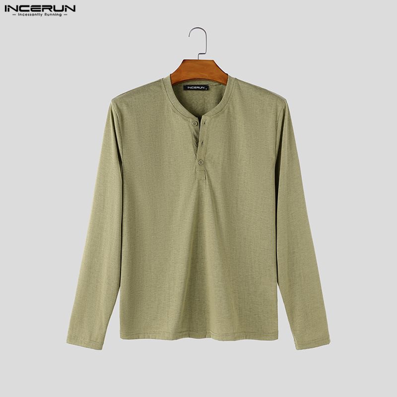 INCERUN Heren Long Sleeve Henley Shirts Casual Losse Pasvorm Basic T-shirts Lichte Topjes