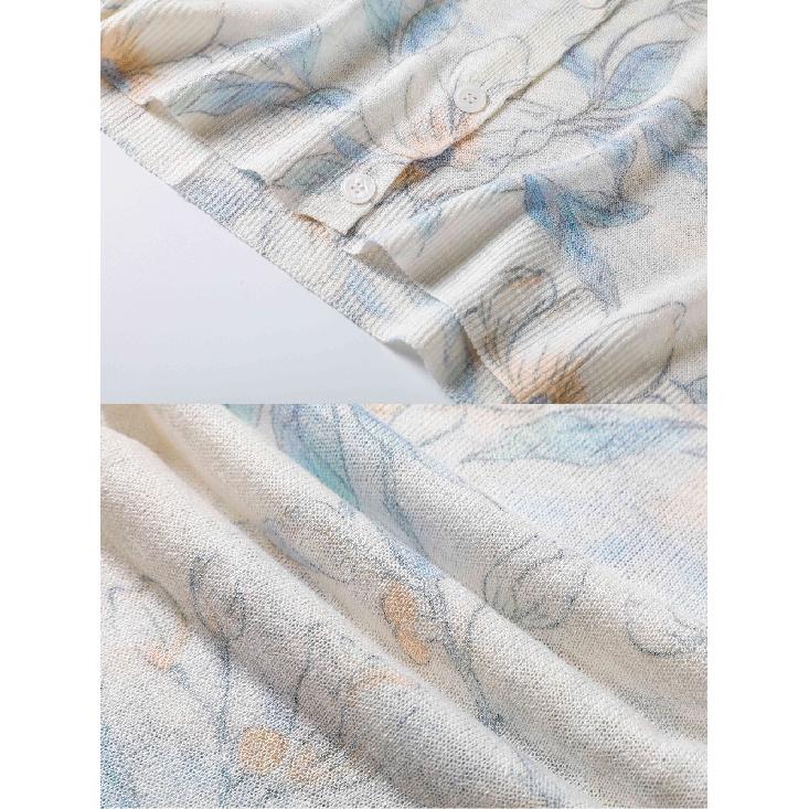 Womens Casual Knit Sweater Long Sleeve V-Neck Floral Print Knitted Cardigan Lightweight Top Spring and Summer