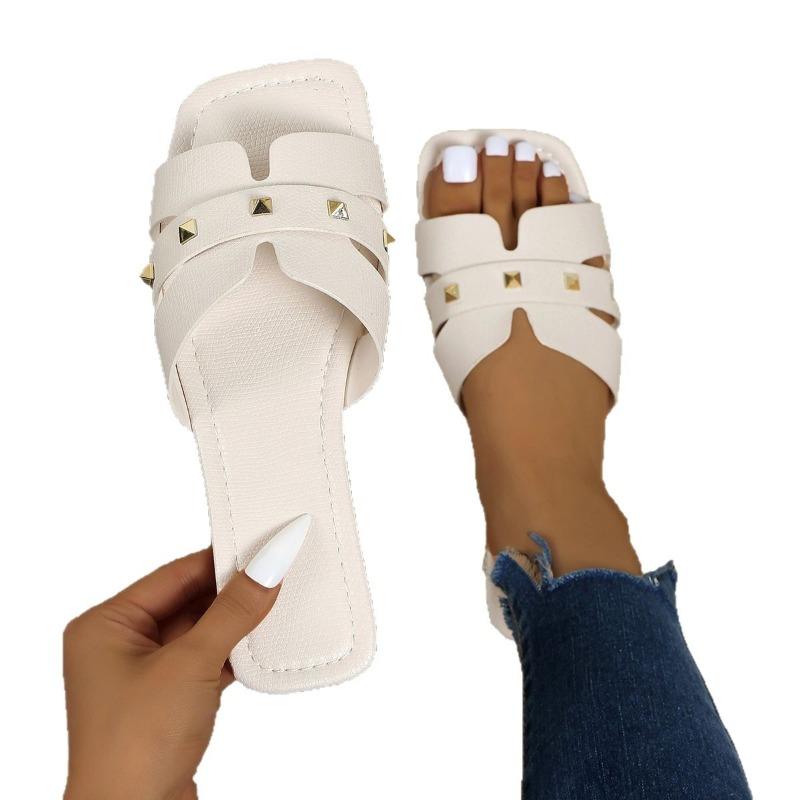 Women's Solid Color Large Size Rivet Slippers Casual Square Head Open Toe Flat Bottom Summer Shoes Lightweight