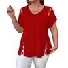 Women Summer T-shirt V-Neck Short Sleeve Solid Color Loose Fit Casual Tops with Hollow Cross-Band Design