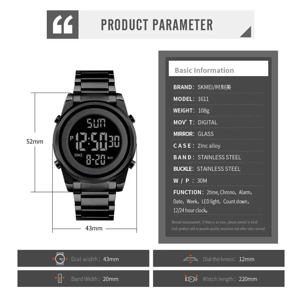 SKMEI 1611 Fashion LED Men Digital Wristwatch Chrono Count Down Alarm Hour For Mens reloj hombre Digital 2 Time Mens Watches