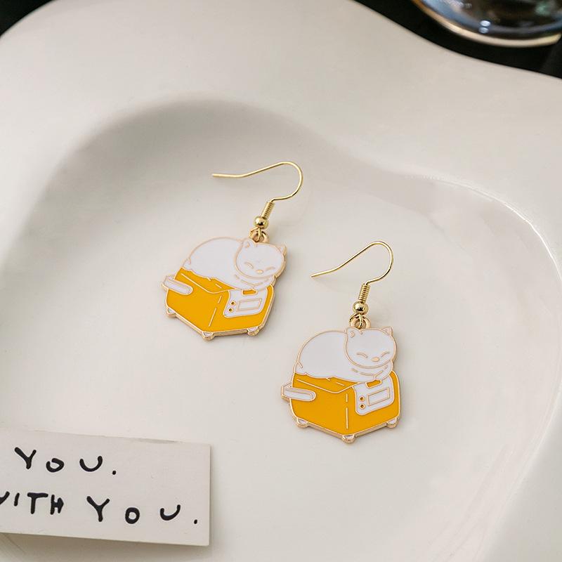 Fun Cartoon Drip Cat Alloy Earrings, Creative Personality Cushion Earrings, Cute Teacup Book Earrings, Women