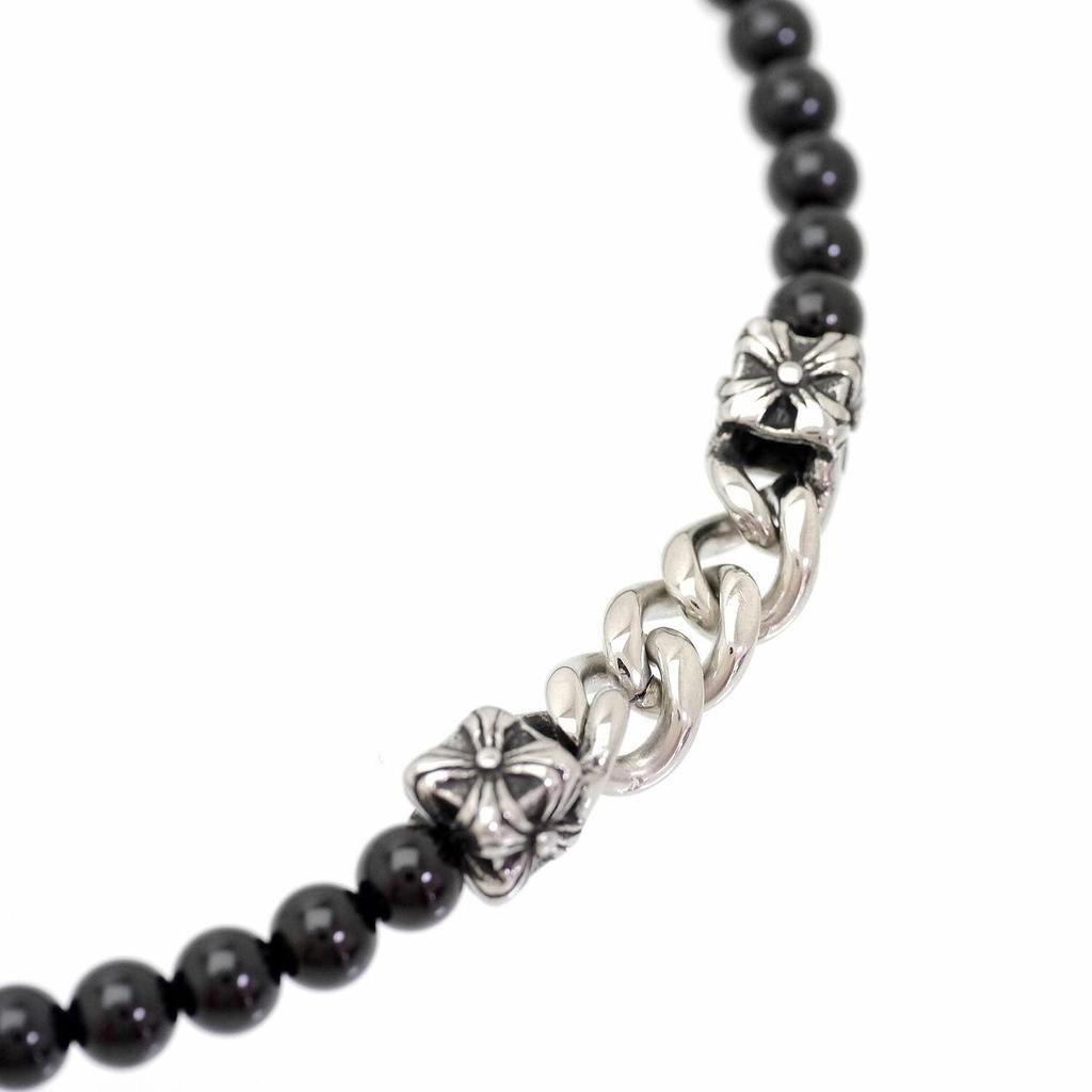 Cross Black Bead Necklace for Men ko Onyx Stainless Steel Magnetic Closure [Silver One] [Length 50cm]