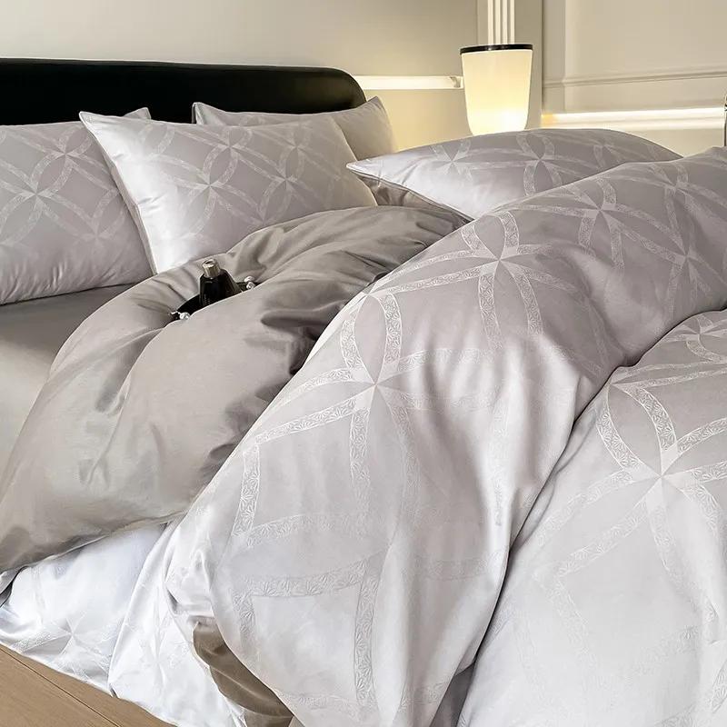 Light Luxury Satin Jacquard Solid Fitted Sheet Sets Pure Cotton Skin-Friendly Soft Quilt Cover 1.5/1.8M Bed Bedding for Adults