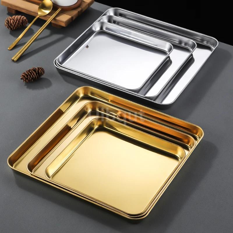 Golden Square Stainless Steel Food Service Tray plate set Nonstick Bakeware Fruit Cookie Bread Plate Kitchen Storage Container