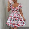 European and American Women's Clothing New Square Collar Printed Bubble Sleeve Dress