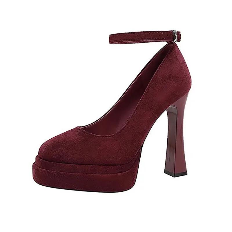 

2026 New Black Suede Versatile Buckle Strap Heels Women s Block Heel Platform Brown Single Shoes 40 червоний