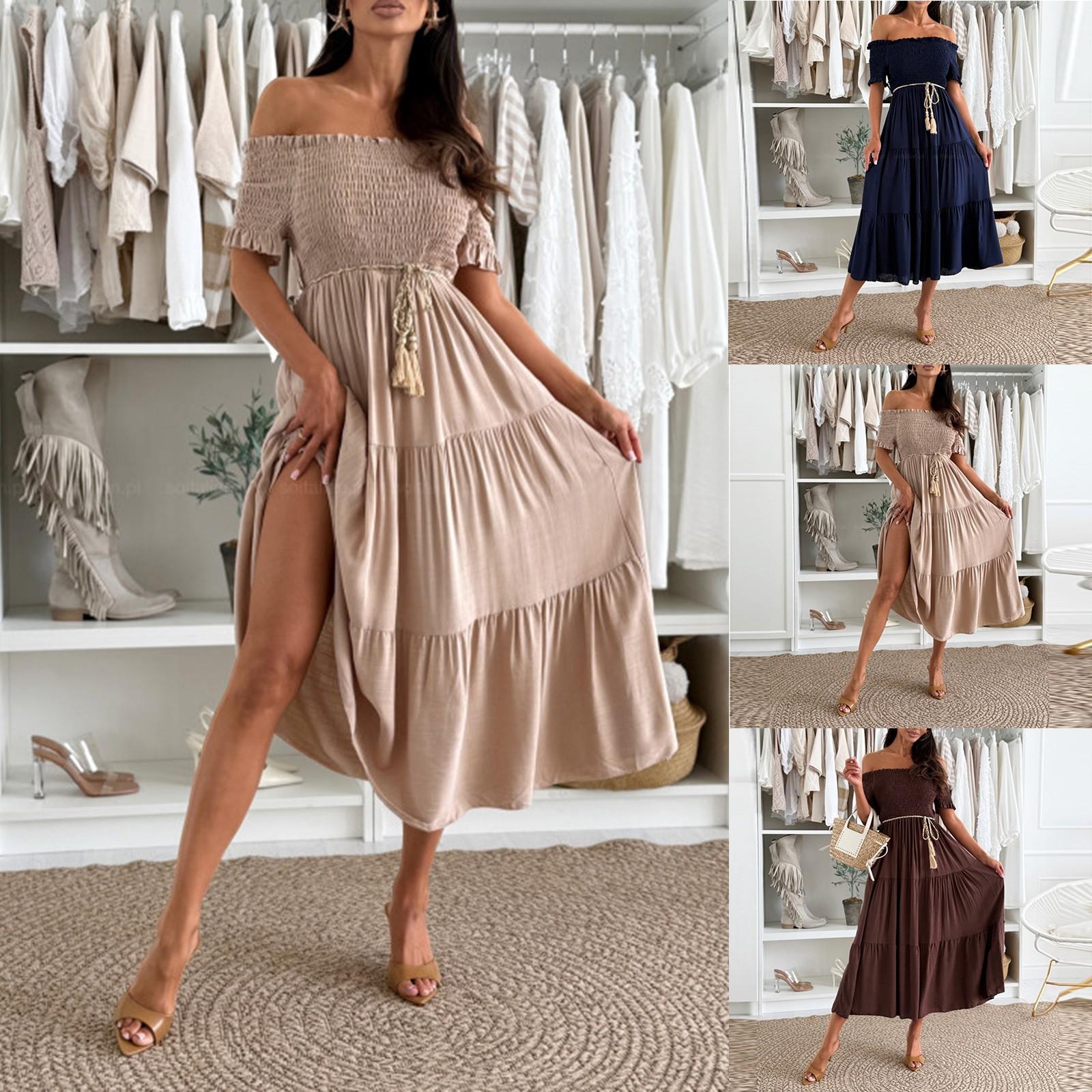 

Women s Casual One-shoulder Short-sleeved Elastic Waist Strap Solid Color Stitching Dress XXL кавовий