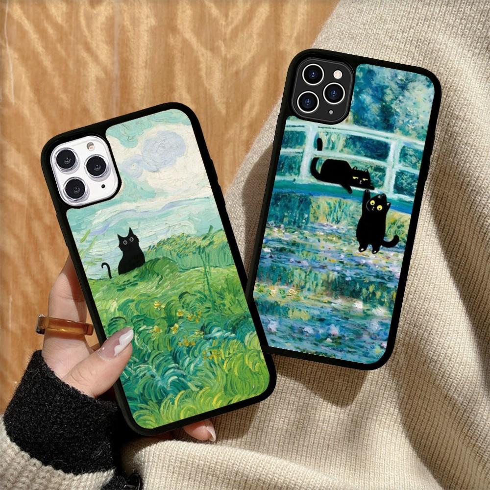 Cartoon Animal Black Cat Oil Painting Phone Case Silicone PC+TPU For For iPhone  11 12 13 14 15 16 Plus Pro Max Cover