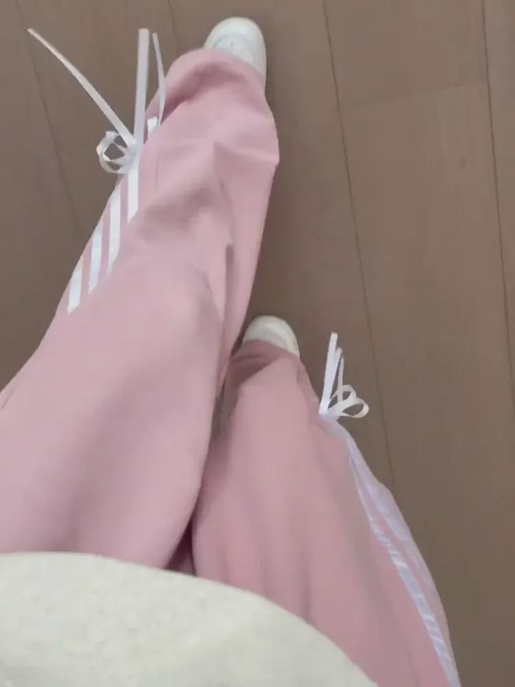 2024 Women's Pink Bow Elastic Waist Wide-Leg Sweatpants - Autumn/Winter, Loose Fit & Sporty Casual