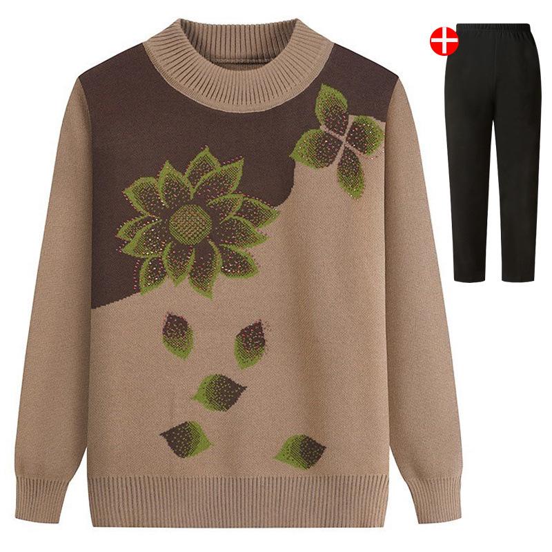 Plus Size Knitted Sweater for Women: Thickened Velvet Autumn and Winter Coat for Middle-Aged & Elderly