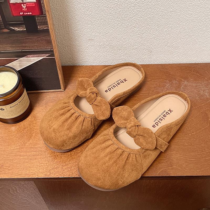 Koreanische Retro-Ein-Pedal-Weichsohlen-Frühjahrsneuheiten Doudou-Schuhe machen die Füße nicht müde Mary Jane Pendeltasche Schleife am Zeh Pantoletten