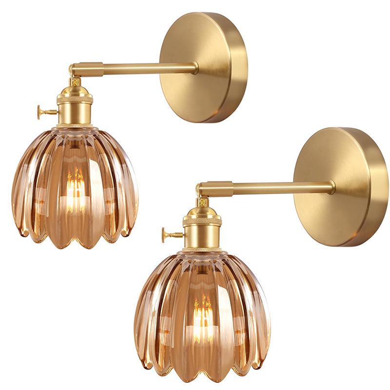 Retro Japanese Copper Amber Glass Wall Lamp - Modern for Bedroom or Entryway.