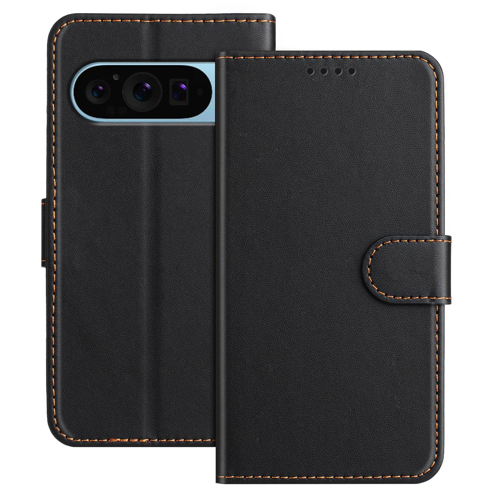 

For Google Pixel 9 Leather Case Wallet Stand Solid Color Anti Drop Phone Cover Black