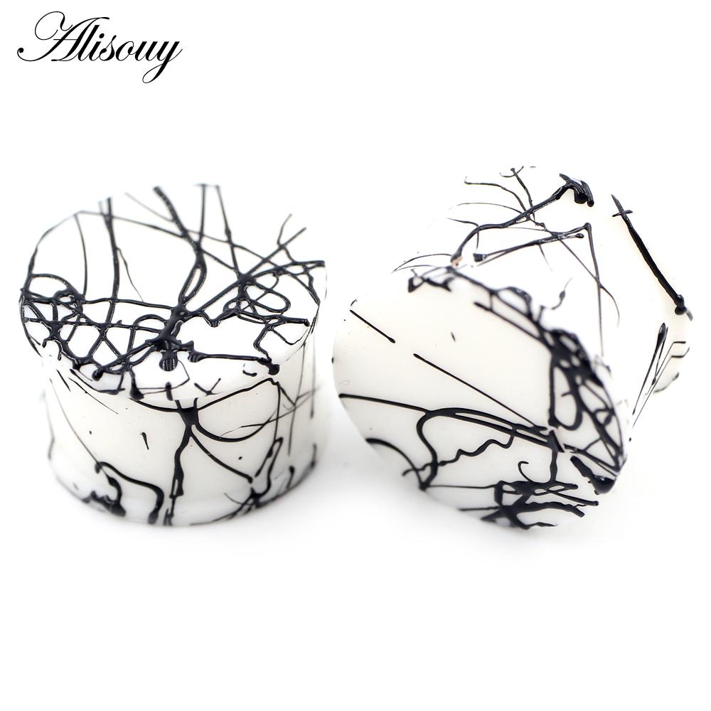 

Alisouy 2 шт. 3 мм-50 мм точечные силиконовые гибкие расклешенные телесные ушные вкладыши туннельный расширитель растяжитель калибровочные серьги пирсинг ювелирные изделия 44mm черный белый