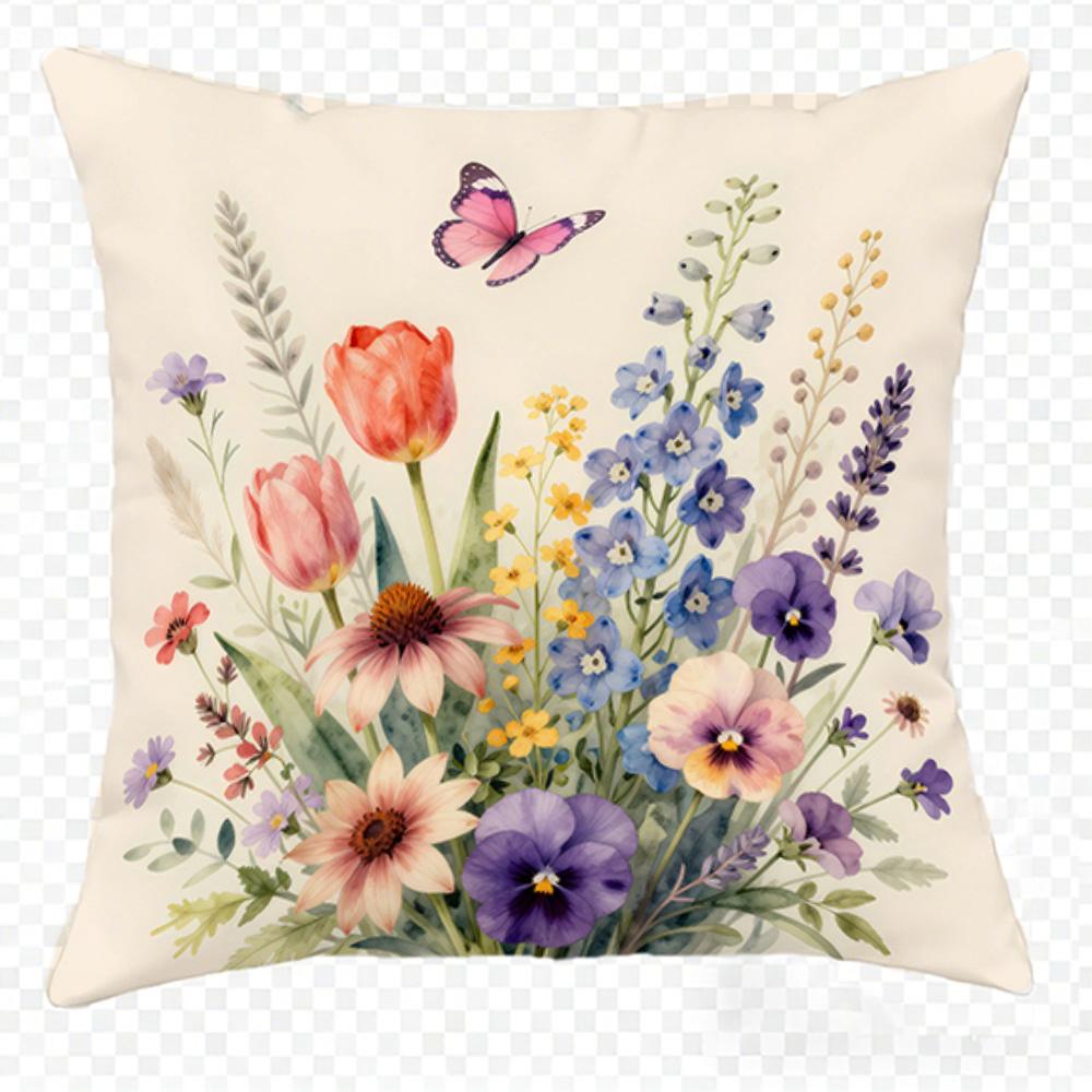 1/4Pcs Floral Printed Pillowcases With Butterfly Motifs Sofa Cushion Cover Home Bedroom Room Decoration
