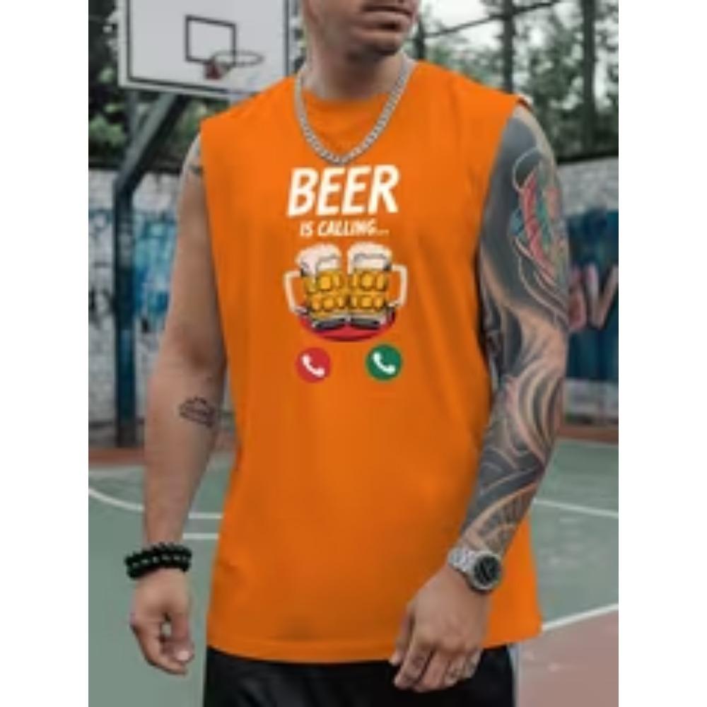 [Print Design, Non-Textured] Men S Beer-Themed Sleeveless Sports Vest - Breathable Quick-Dry S