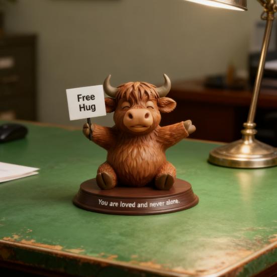 Highland Cow Figurine Emotional Support Highland Cow Statue Resin Cow Ornament with Funny Quotes Straight-Talking Companion for Desk Bookshelf Decor