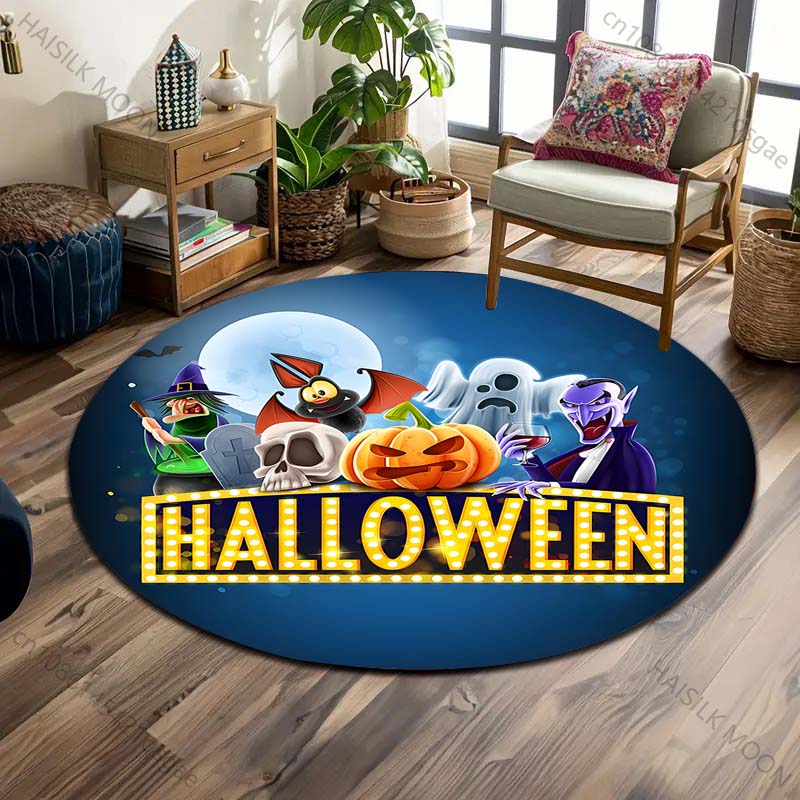 Pumpkin Head Bat Castle Halloween Round Carpet Floor Mat Suitable for Children's Bedroom Decor Living Room Round Rugs for Gifts