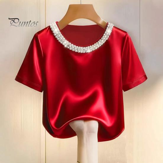 Tee Shirt Women T-shirt Round Neck Satin Fabric with Hand-Sewn Imitation Pearls Short Sleeve Loose Fit Casual Tops Hand-sewn Pearl Neckline