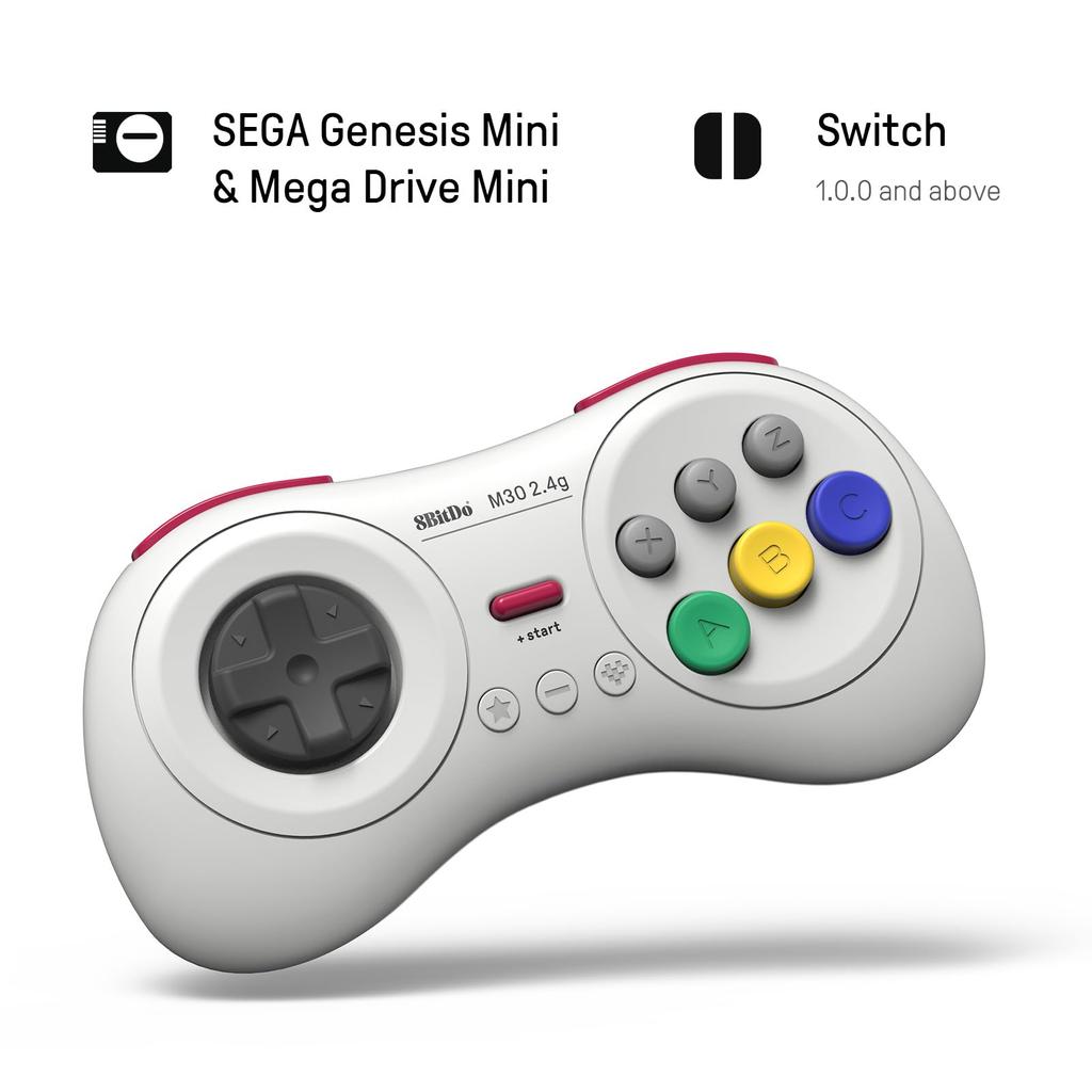 8BitDo M30 2.4G Wireless Gamepad for Sega Genesis Mini, Mega Drive Mini, and Switch (6-Button Layout) (White)
